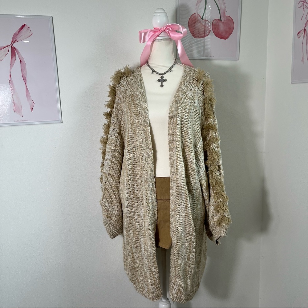 Anthropologie Cream Heathered Braided Sleeve Cardigan‎ Sweater Boho One Size